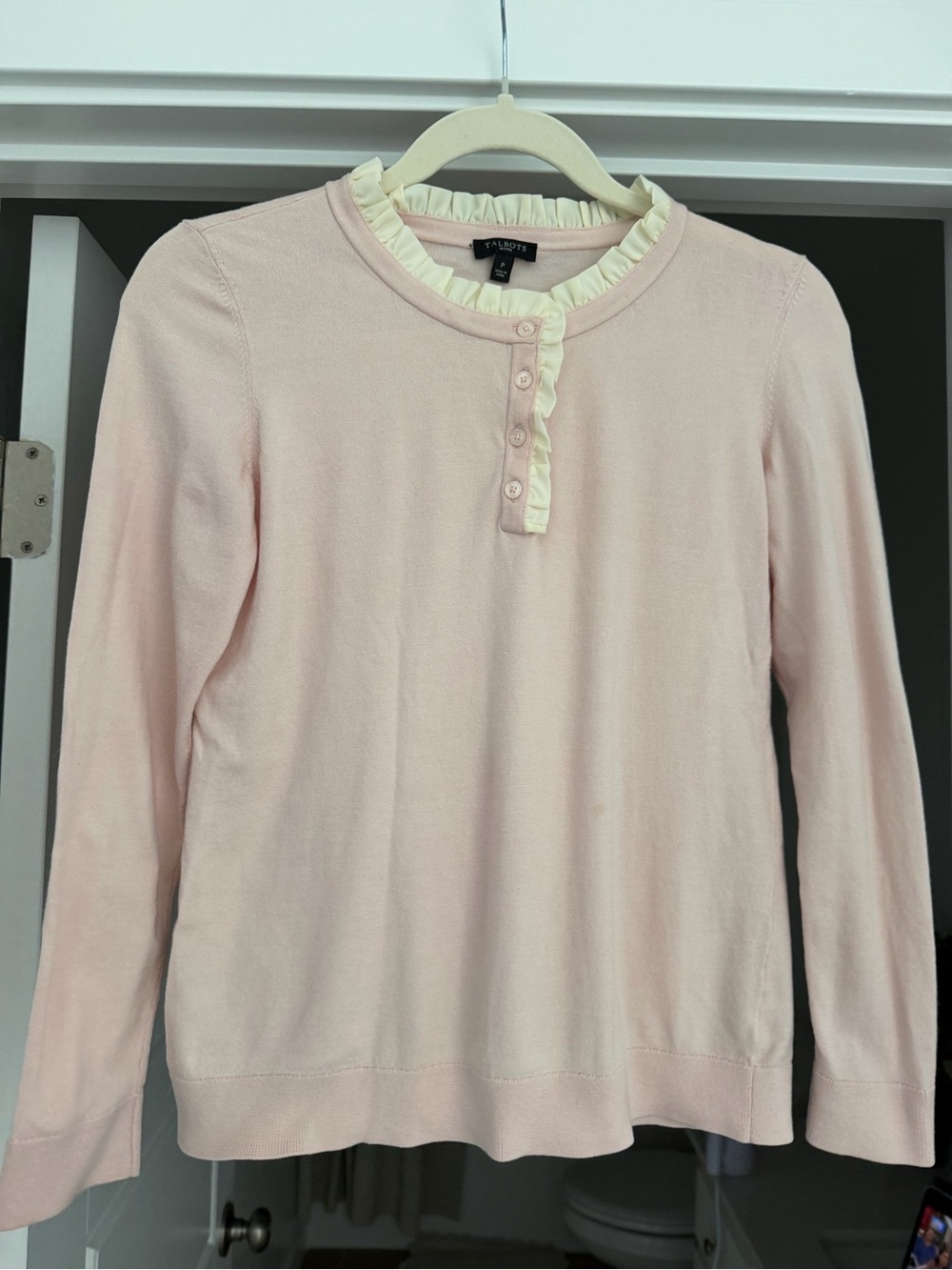 Talbots Pink Knit Sweater with Cream Ruffle Trim